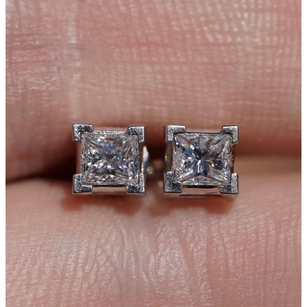 Vintage 14k Solid White Gold Natural‎ High Quality Princess Cut Diamond Earrings